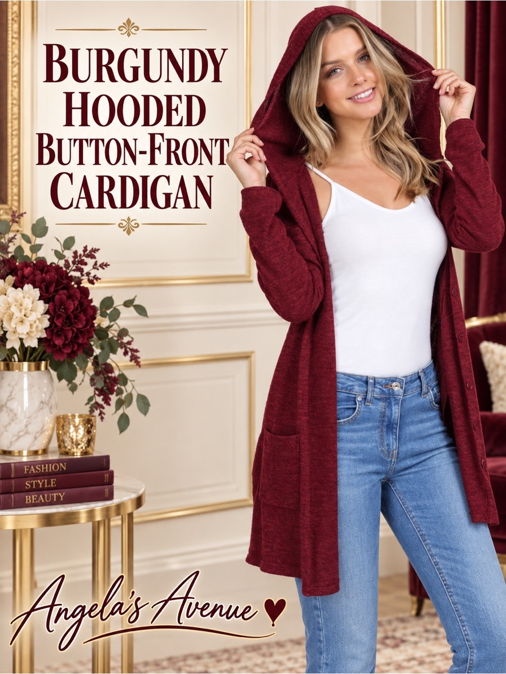 Hooded Button Front Burgundy Cardigan NEW